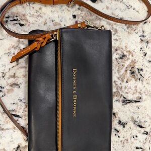 Dooney & Bourke Black Leather Clutch with Tan Strap